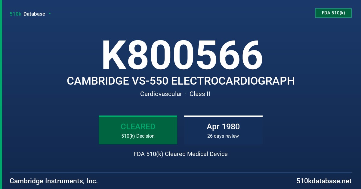 K800566 CAMBRIDGE VS-550 ELECTROCARDIOGRAPH FDA 510(k) Cleared Medical Device