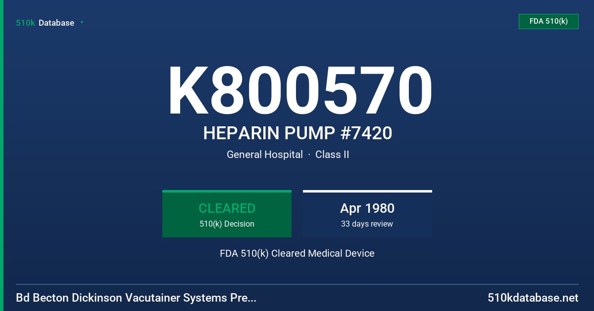 K800570 HEPARIN PUMP #7420 FDA 510(k) Cleared Medical Device