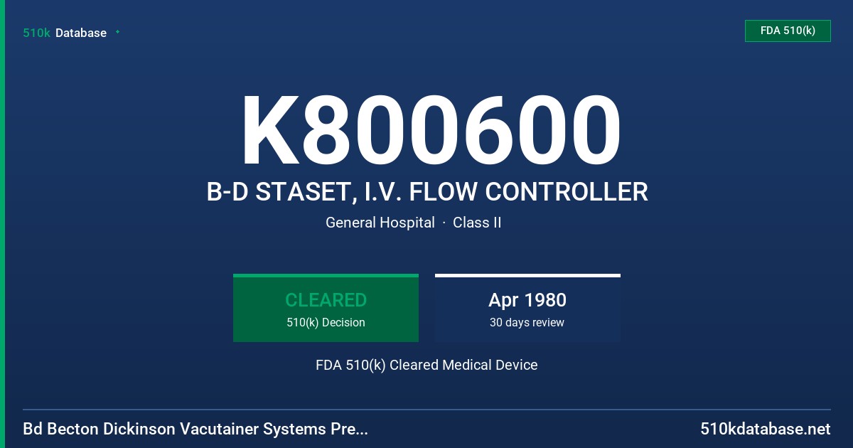 K800600 B-D STASET, I.V. FLOW CONTROLLER FDA 510(k) Cleared Medical Device