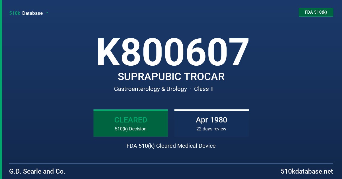 K800607 SUPRAPUBIC TROCAR FDA 510(k) Cleared Medical Device