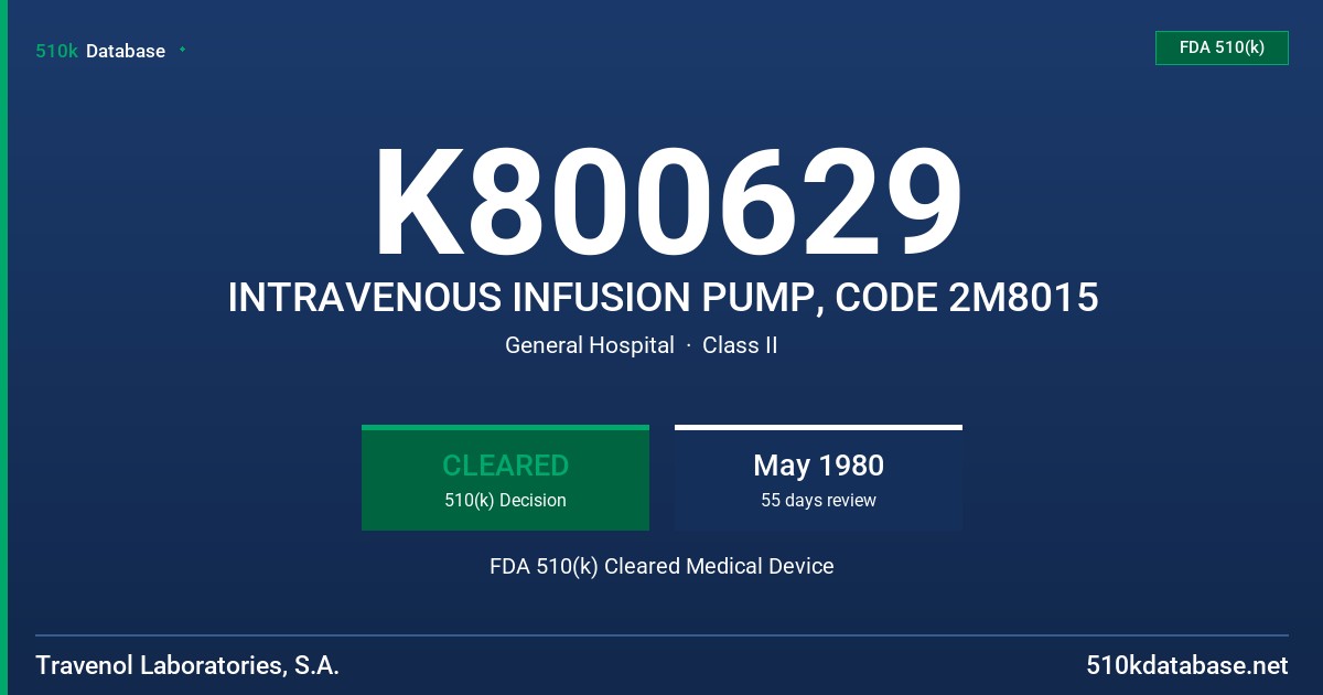 K800629 INTRAVENOUS INFUSION PUMP, CODE 2M8015 FDA 510(k) Cleared Medical Device