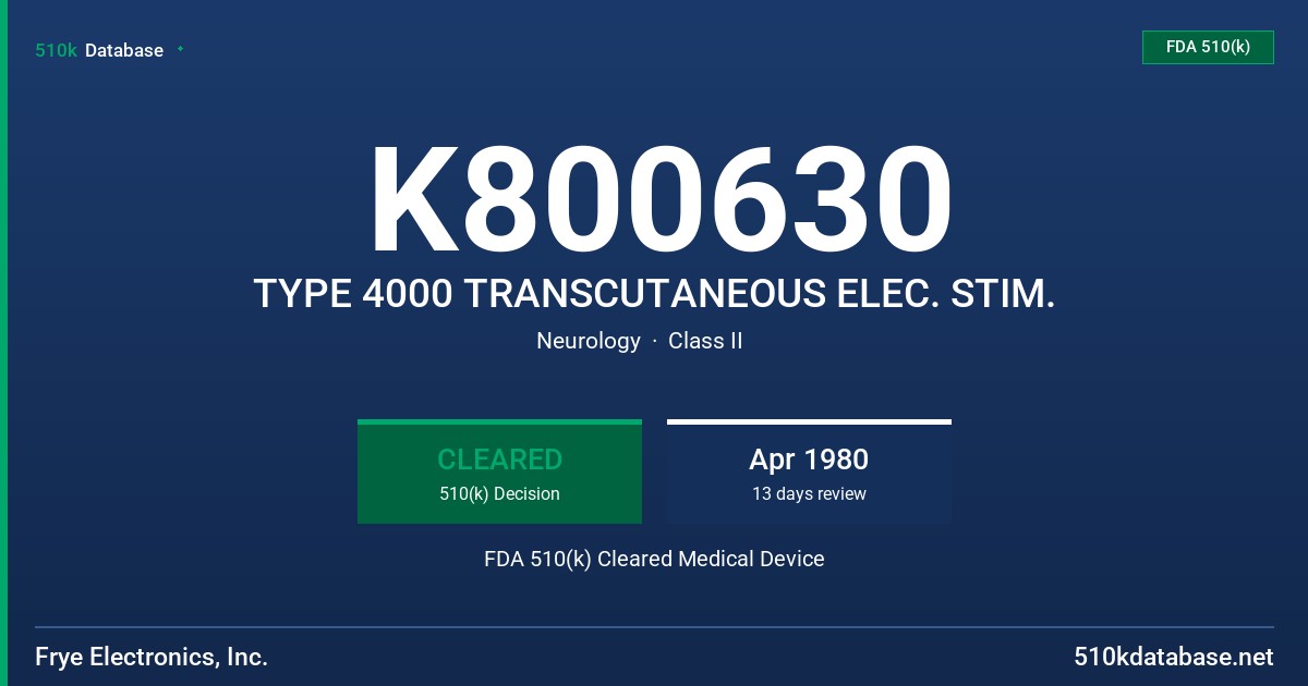 K800630 TYPE 4000 TRANSCUTANEOUS ELEC. STIM. FDA 510(k) Cleared Medical Device