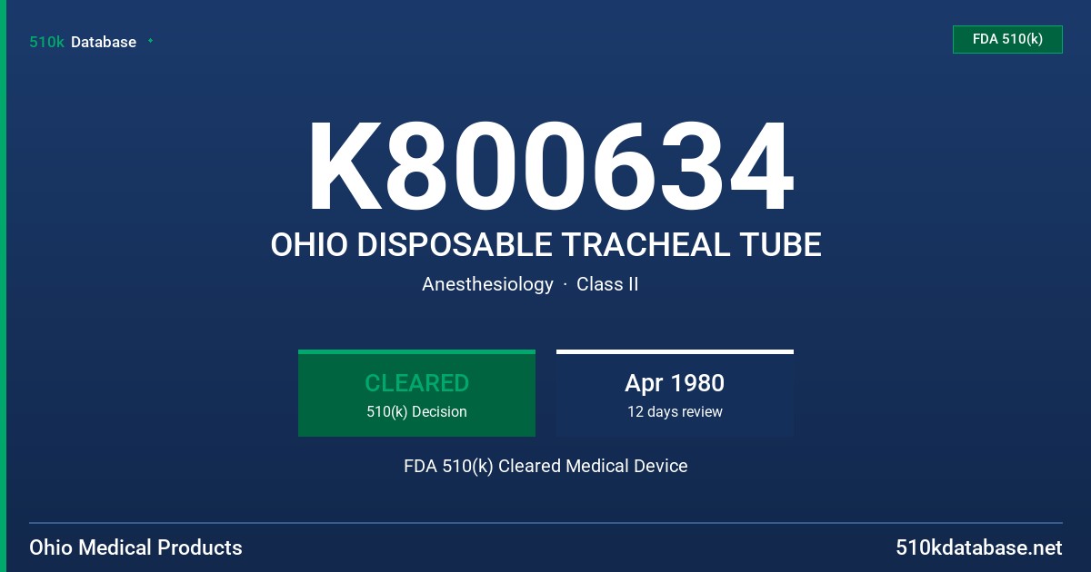 K800634 OHIO DISPOSABLE TRACHEAL TUBE FDA 510(k) Cleared Medical Device
