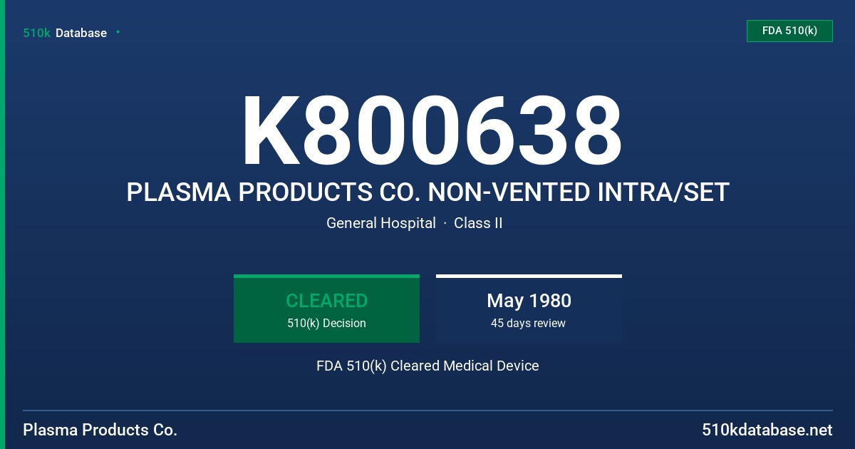 K800638 PLASMA PRODUCTS CO. NON-VENTED INTRA/SET FDA 510(k) Cleared Medical Device