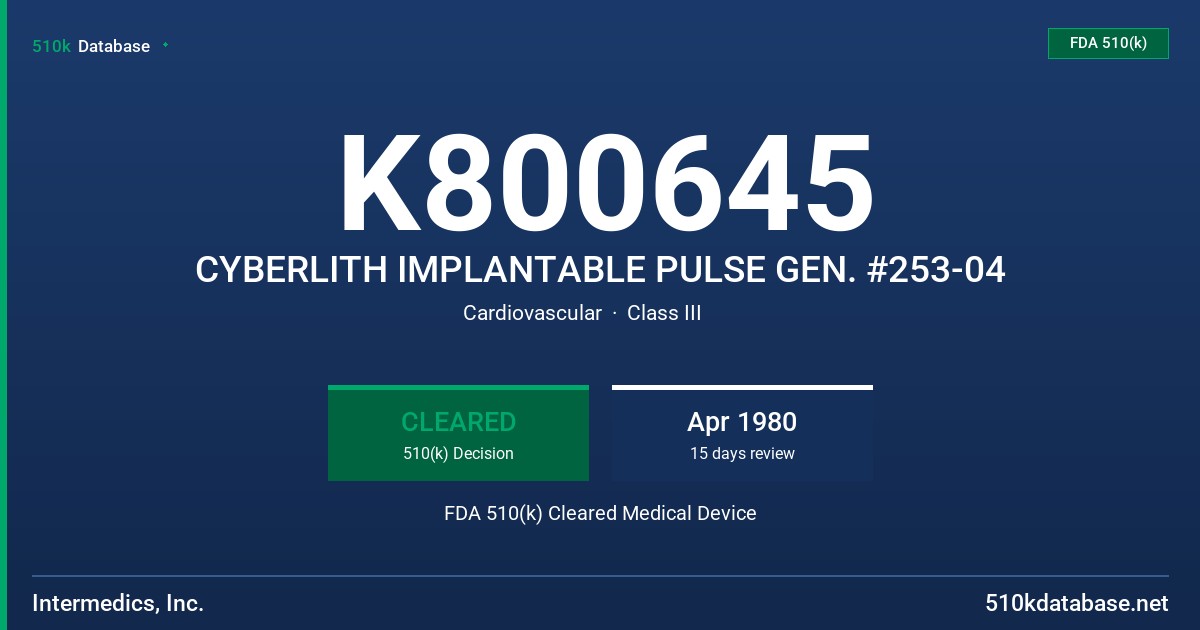 K800645 CYBERLITH IMPLANTABLE PULSE GEN. #253-04 FDA 510(k) Cleared Medical Device