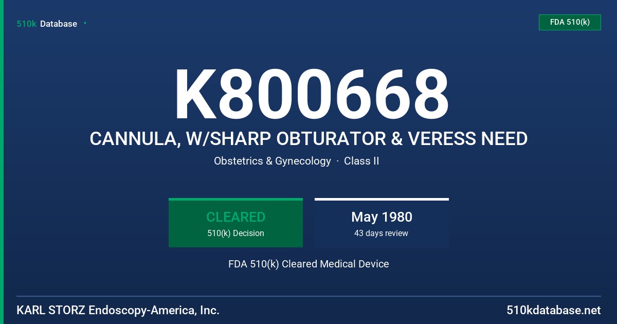 K800668 CANNULA, W/SHARP OBTURATOR & VERESS NEED FDA 510(k) Cleared Medical Device