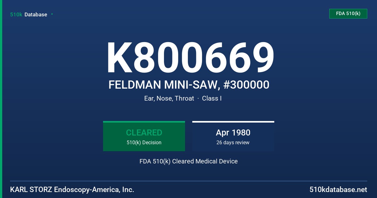 K800669 FELDMAN MINI-SAW, #300000 FDA 510(k) Cleared Medical Device