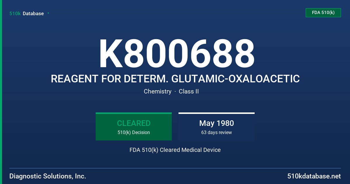 K800688 REAGENT FOR DETERM. GLUTAMIC-OXALOACETIC FDA 510(k) Cleared Medical Device
