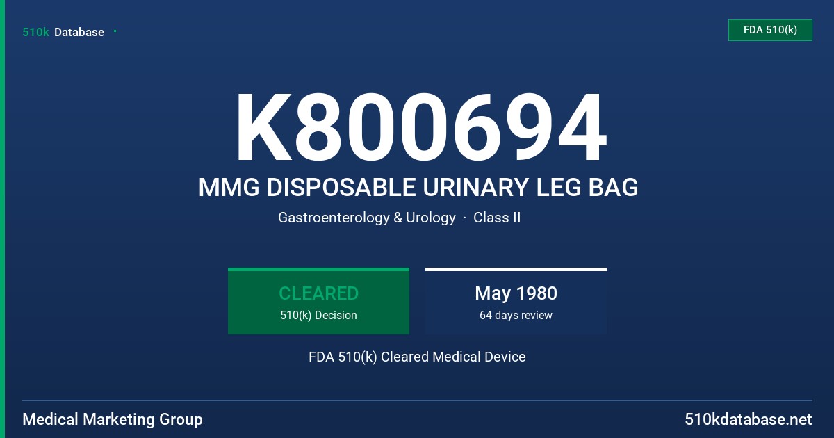 K800694 MMG DISPOSABLE URINARY LEG BAG FDA 510(k) Cleared Medical Device