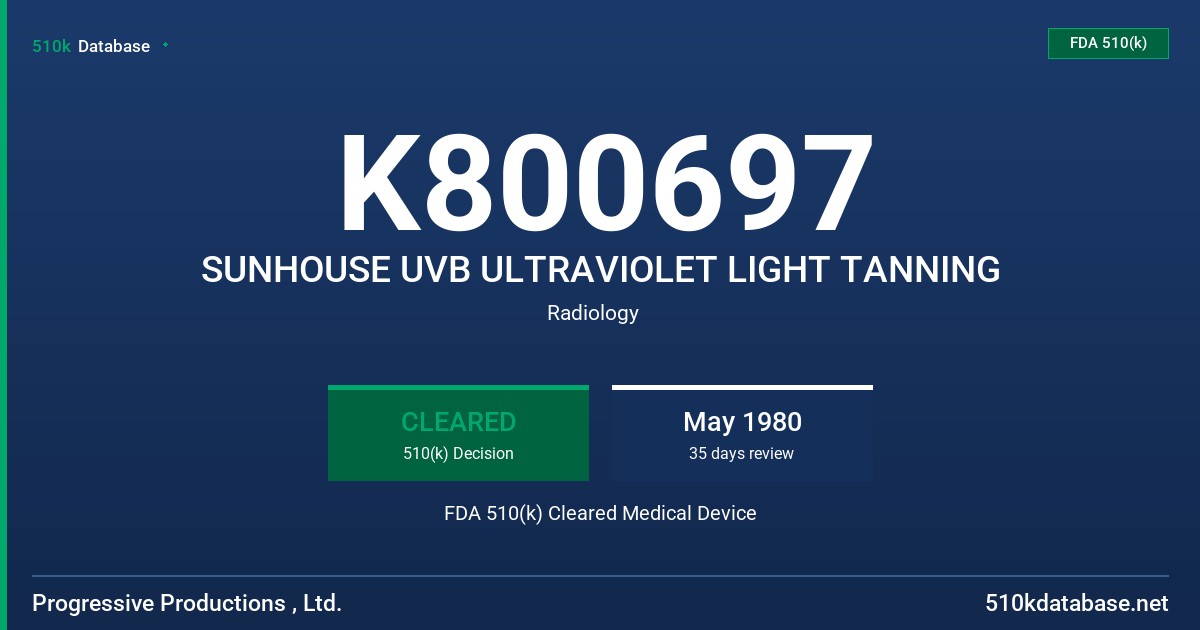 K800697 SUNHOUSE UVB ULTRAVIOLET LIGHT TANNING FDA 510(k) Cleared Medical Device