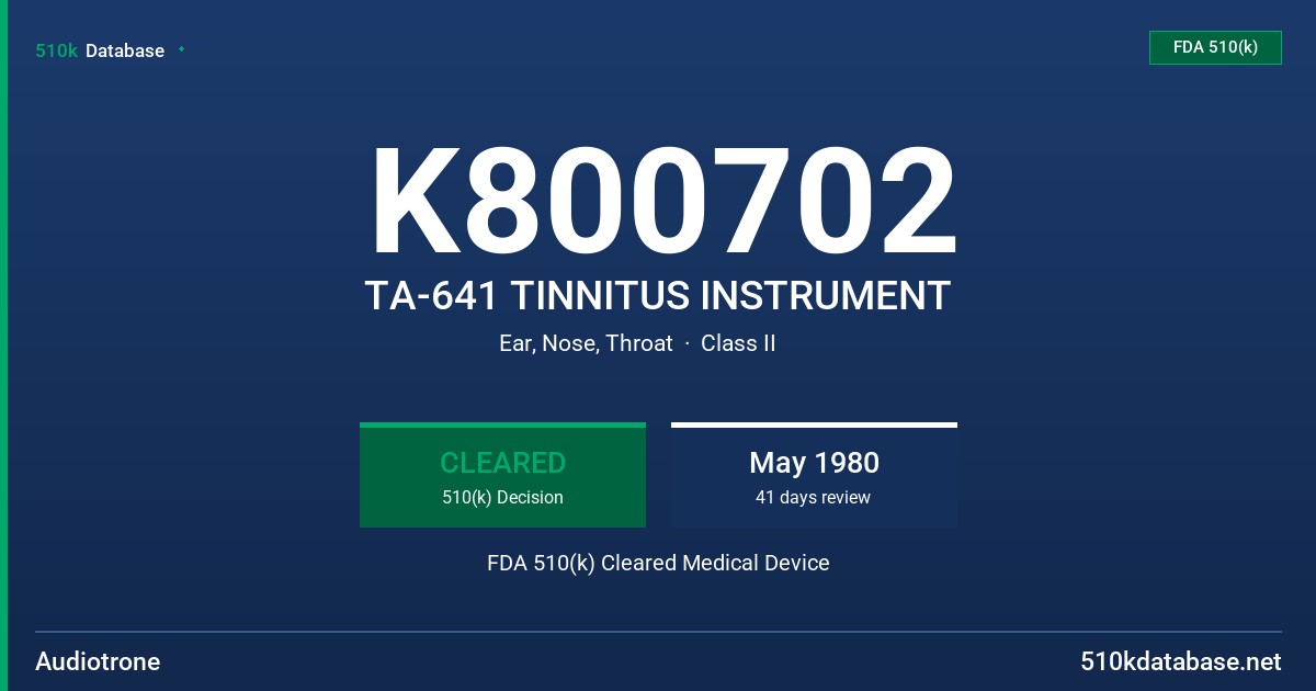 K800702 TA-641 TINNITUS INSTRUMENT FDA 510(k) Cleared Medical Device