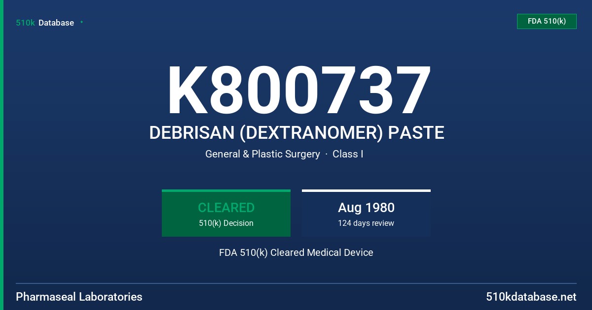 K800737 DEBRISAN (DEXTRANOMER) PASTE FDA 510(k) Cleared Medical Device