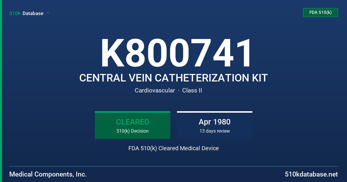 K800741 CENTRAL VEIN CATHETERIZATION KIT FDA 510(k) Cleared Medical Device