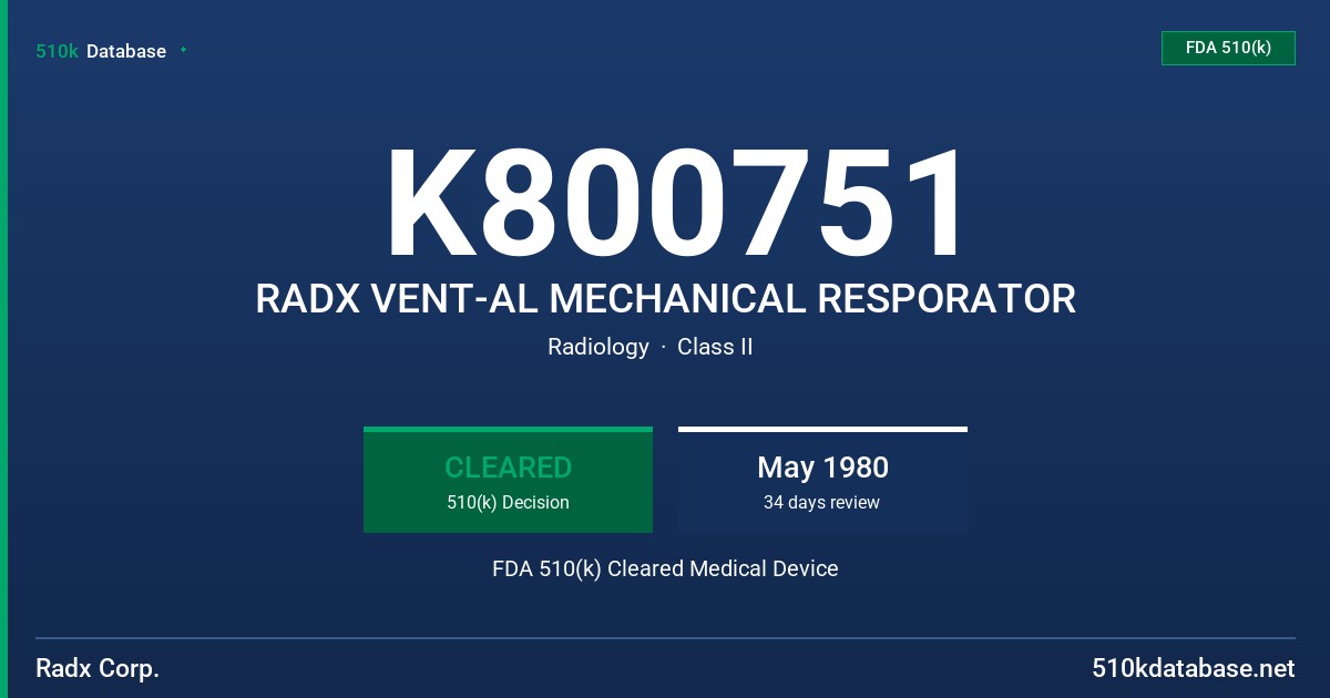 K800751 RADX VENT-AL MECHANICAL RESPORATOR FDA 510(k) Cleared Medical Device