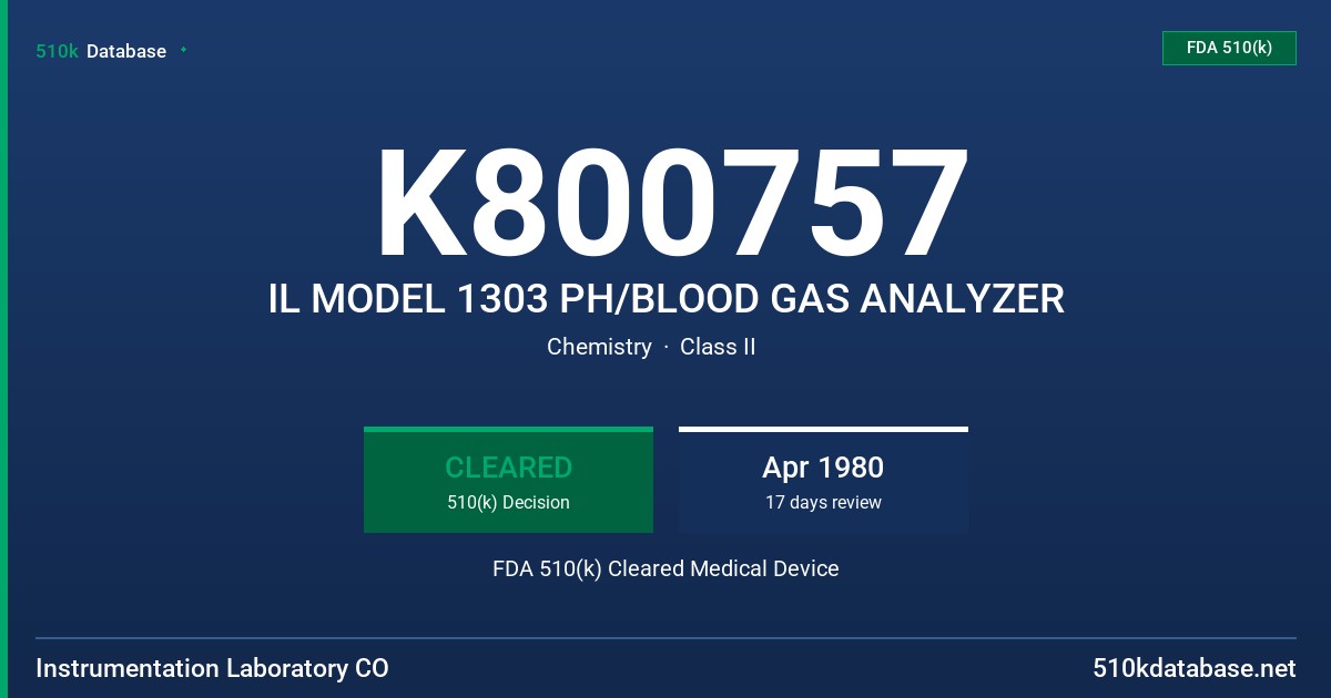 K800757 IL MODEL 1303 PH/BLOOD GAS ANALYZER FDA 510(k) Cleared Medical Device