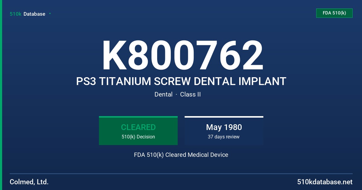 K800762 PS3 TITANIUM SCREW DENTAL IMPLANT FDA 510(k) Cleared Medical Device