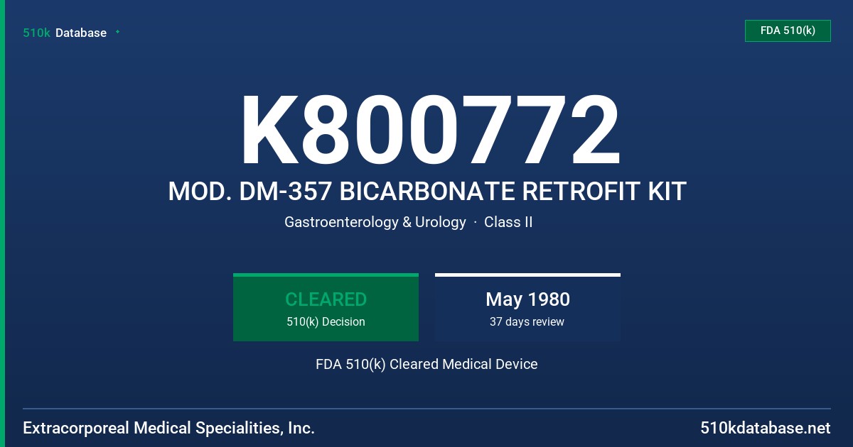 K800772 MOD. DM-357 BICARBONATE RETROFIT KIT FDA 510(k) Cleared Medical Device