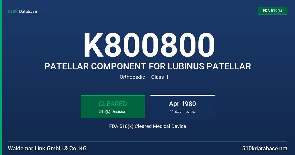K800800 PATELLAR COMPONENT FOR LUBINUS PATELLAR FDA 510(k) Cleared Medical Device
