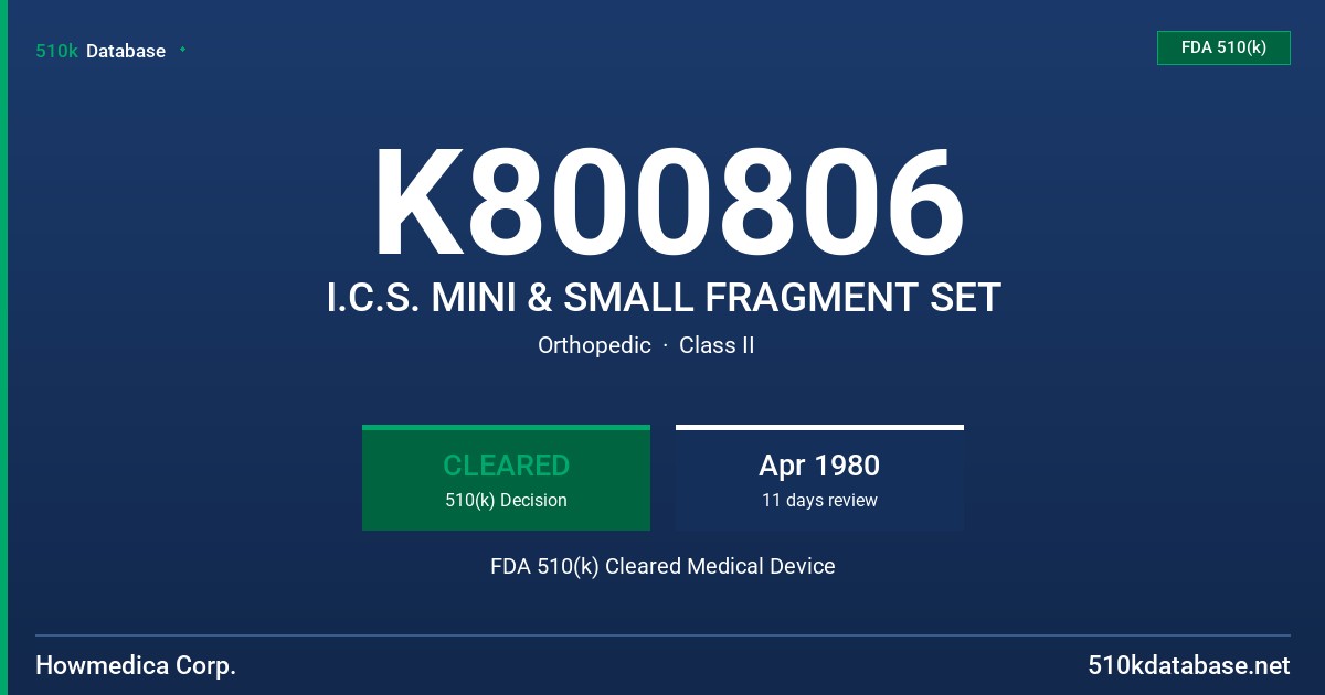 K800806 I.C.S. MINI & SMALL FRAGMENT SET FDA 510(k) Cleared Medical Device