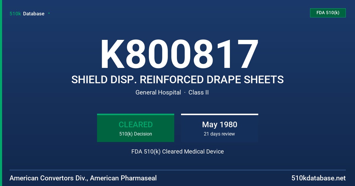 K800817 SHIELD DISP. REINFORCED DRAPE SHEETS FDA 510(k) Cleared Medical Device