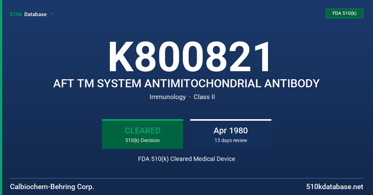 K800821 AFT TM SYSTEM ANTIMITOCHONDRIAL ANTIBODY FDA 510(k) Cleared Medical Device