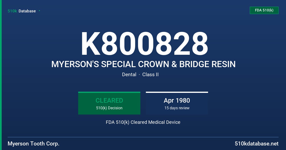 K800828 MYERSON'S SPECIAL CROWN & BRIDGE RESIN FDA 510(k) Cleared Medical Device