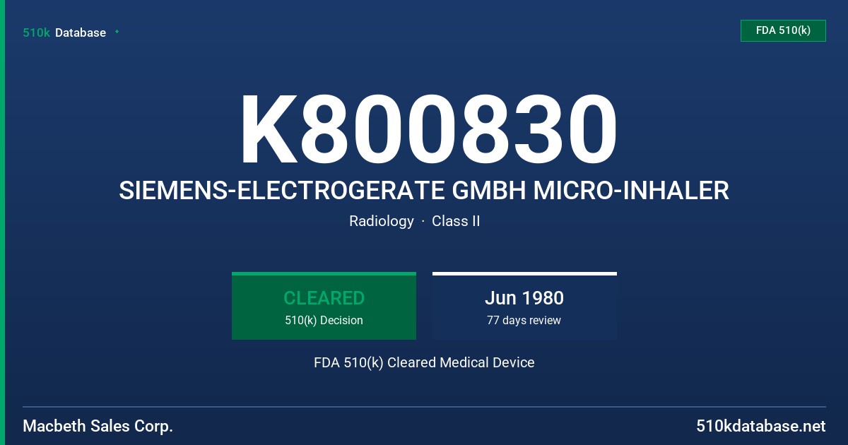 K800830 SIEMENS-ELECTROGERATE GMBH MICRO-INHALER FDA 510(k) Cleared Medical Device