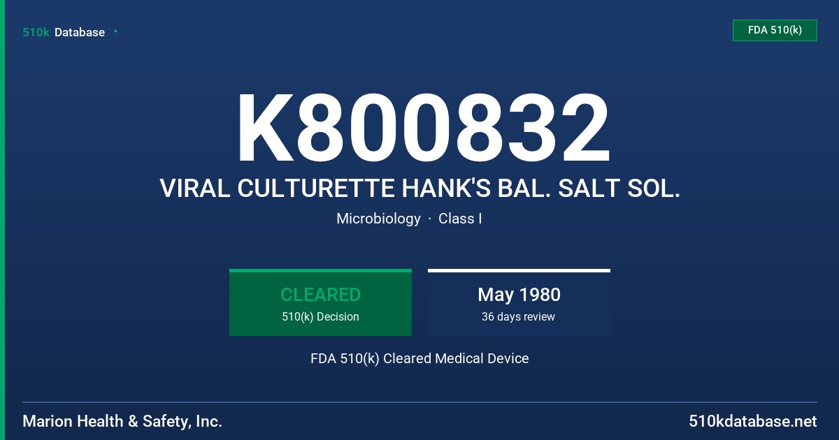 K800832 VIRAL CULTURETTE HANK'S BAL. SALT SOL. FDA 510(k) Cleared Medical Device