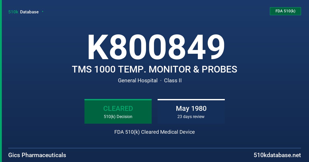 K800849 TMS 1000 TEMP. MONITOR & PROBES FDA 510(k) Cleared Medical Device