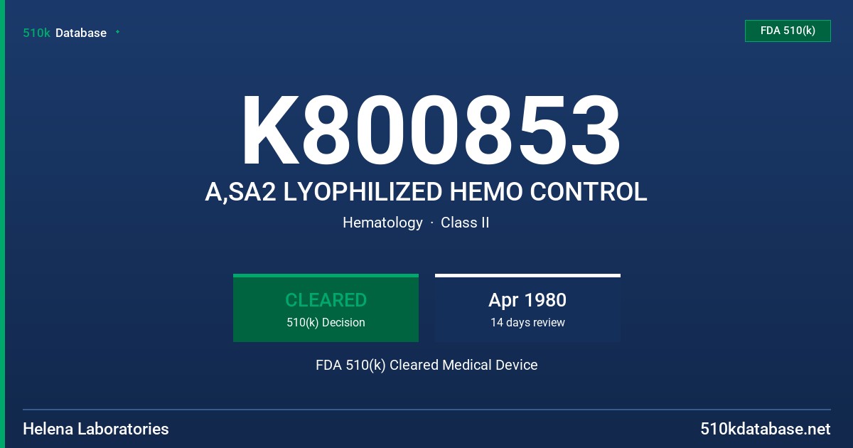 K800853 A,SA2 LYOPHILIZED HEMO CONTROL FDA 510(k) Cleared Medical Device