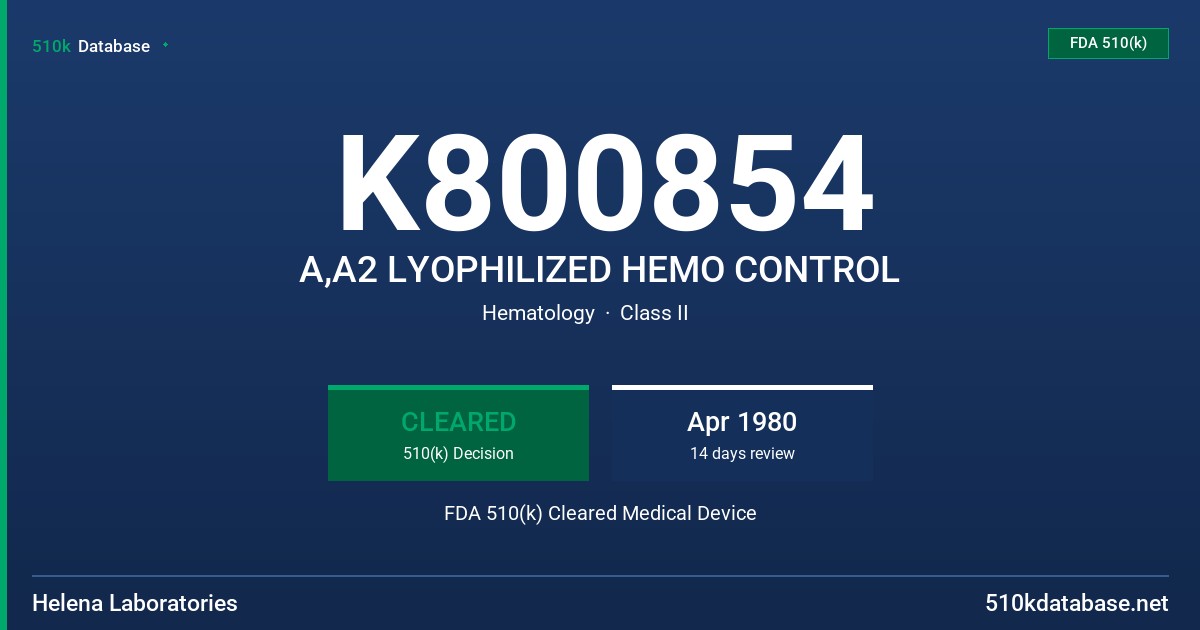 K800854 A,A2 LYOPHILIZED HEMO CONTROL FDA 510(k) Cleared Medical Device