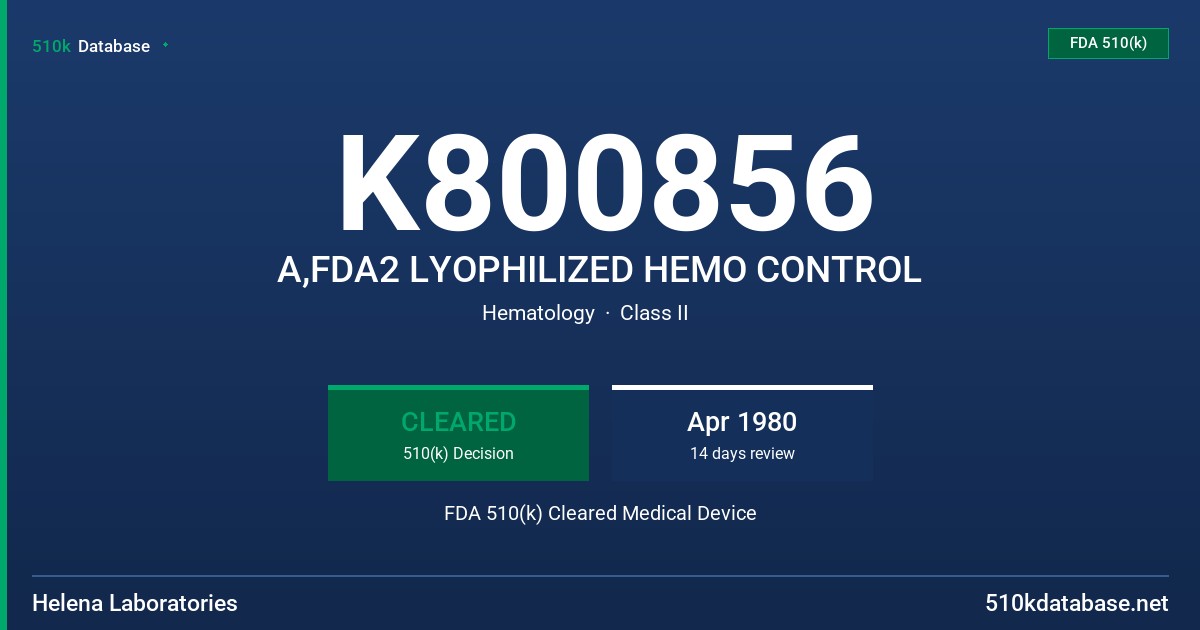K800856 A,FDA2 LYOPHILIZED HEMO CONTROL FDA 510(k) Cleared Medical Device