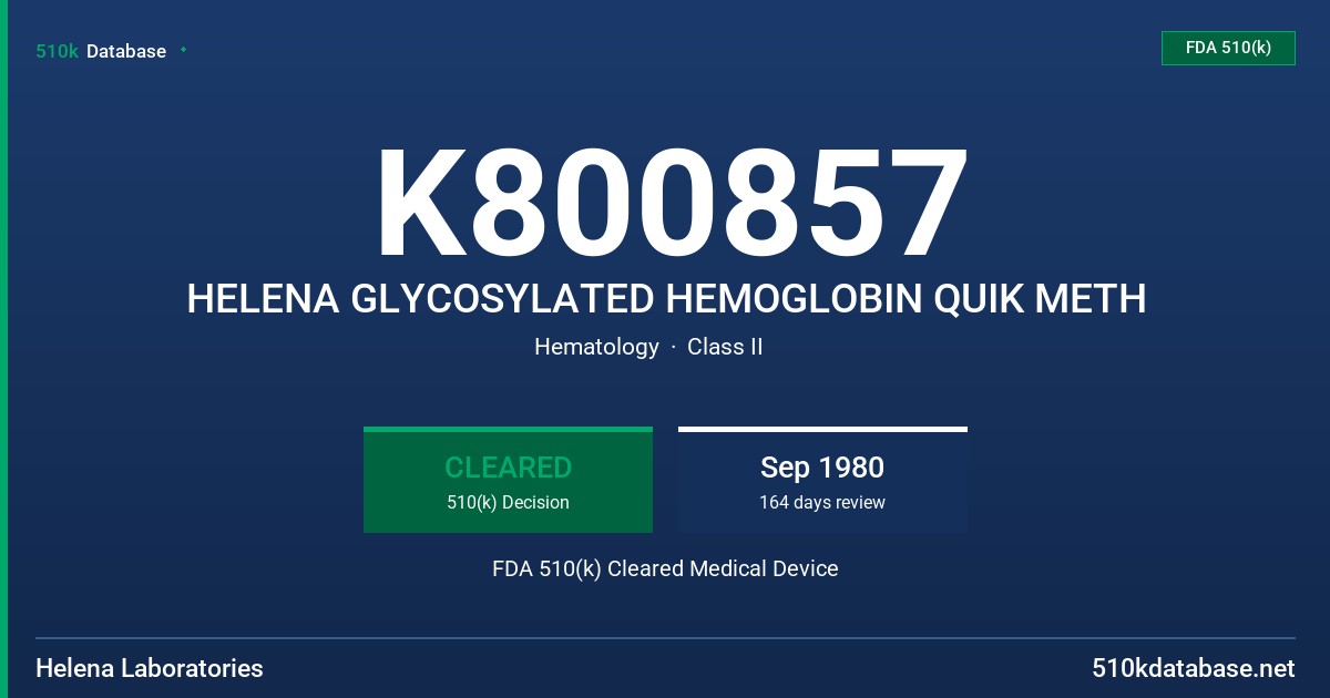 K800857 HELENA GLYCOSYLATED HEMOGLOBIN QUIK METH FDA 510(k) Cleared Medical Device