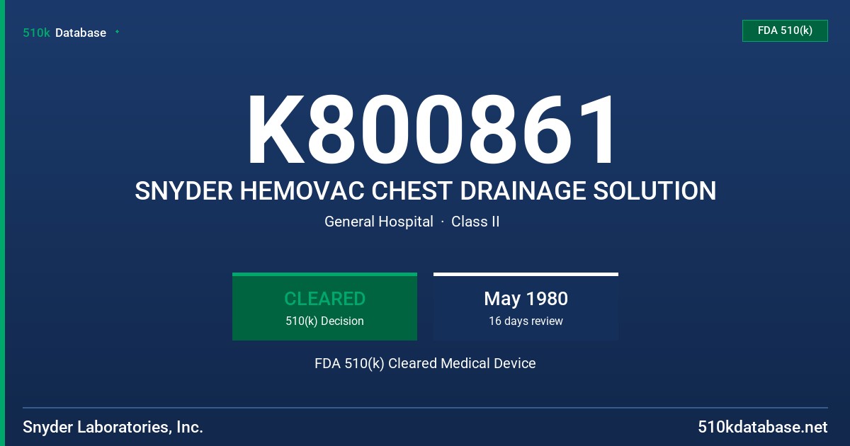 K800861 SNYDER HEMOVAC CHEST DRAINAGE SOLUTION FDA 510(k) Cleared Medical Device