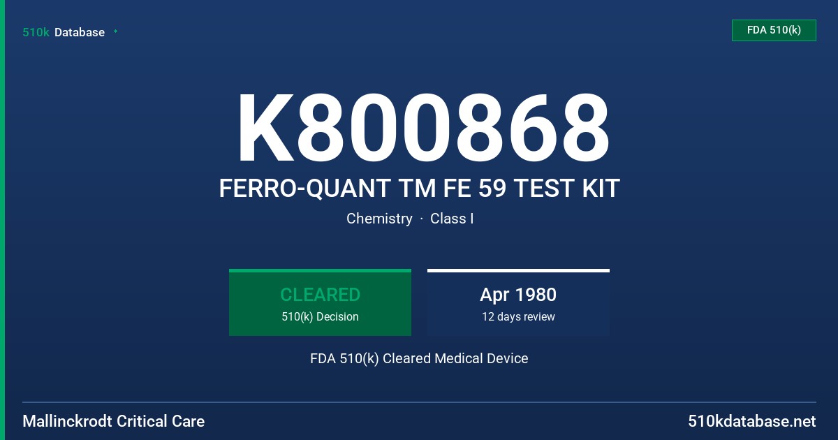 K800868 FERRO-QUANT TM FE 59 TEST KIT FDA 510(k) Cleared Medical Device