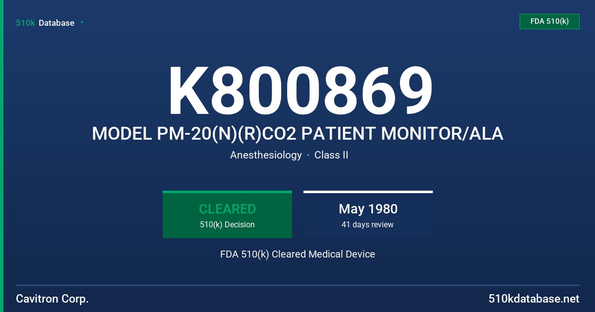 K800869 MODEL PM-20(N)(R)CO2 PATIENT MONITOR/ALA FDA 510(k) Cleared Medical Device