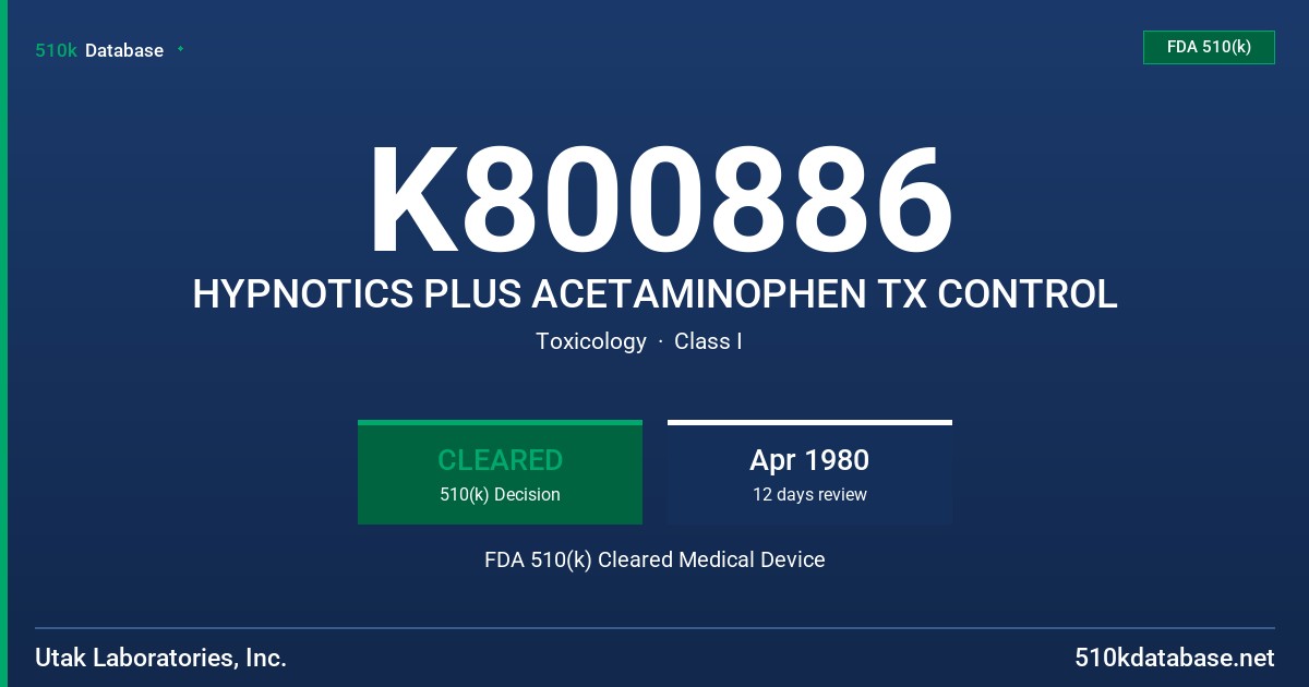 K800886 HYPNOTICS PLUS ACETAMINOPHEN TX CONTROL FDA 510(k) Cleared Medical Device