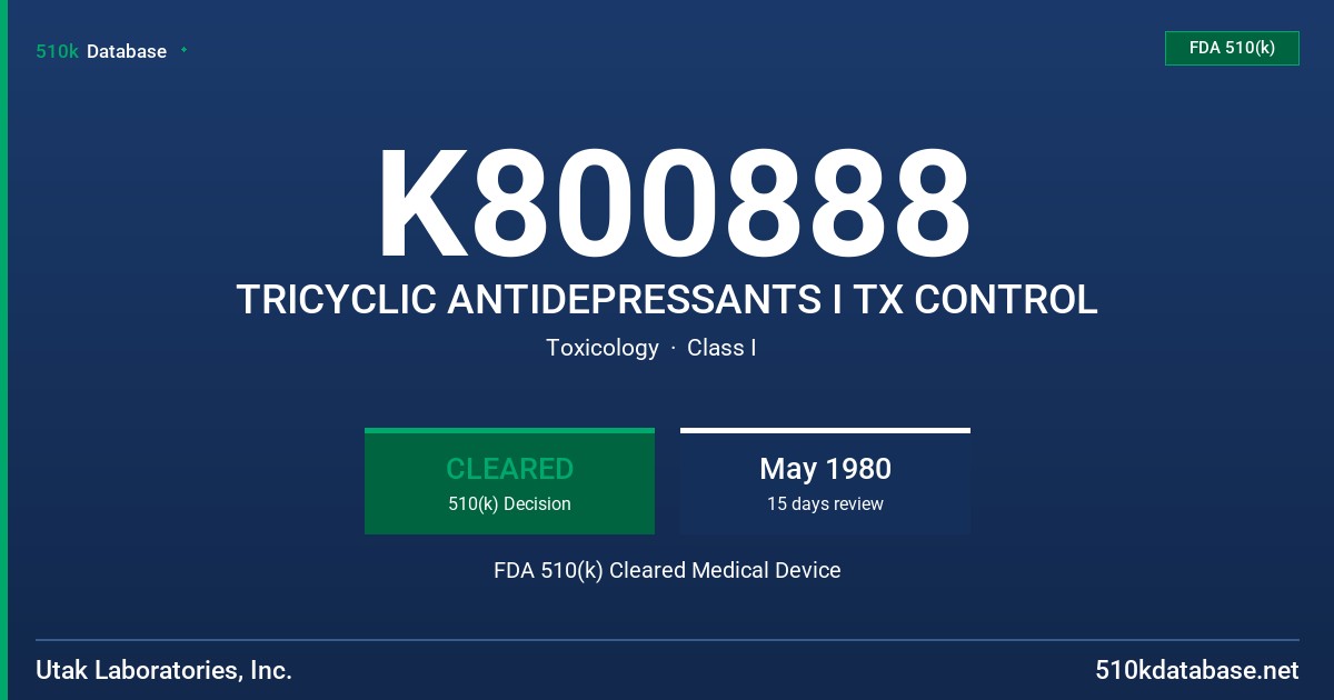 K800888 TRICYCLIC ANTIDEPRESSANTS I TX CONTROL FDA 510(k) Cleared Medical Device