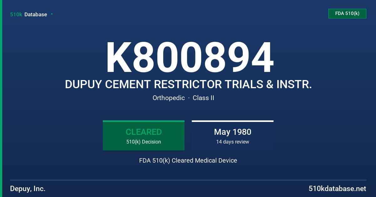 K800894 DUPUY CEMENT RESTRICTOR TRIALS & INSTR. FDA 510(k) Cleared Medical Device