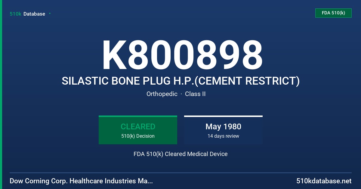 K800898 SILASTIC BONE PLUG H.P.(CEMENT RESTRICT) FDA 510(k) Cleared Medical Device