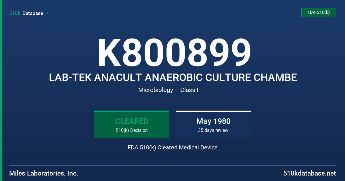K800899 LAB-TEK ANACULT ANAEROBIC CULTURE CHAMBE FDA 510(k) Cleared Medical Device