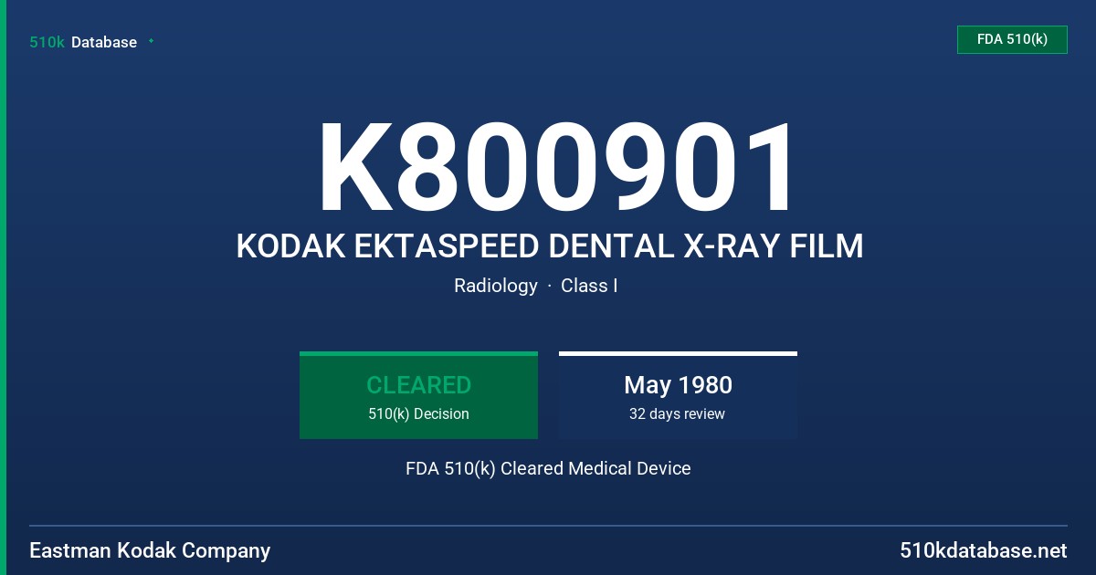 K800901 KODAK EKTASPEED DENTAL X-RAY FILM FDA 510(k) Cleared Medical Device