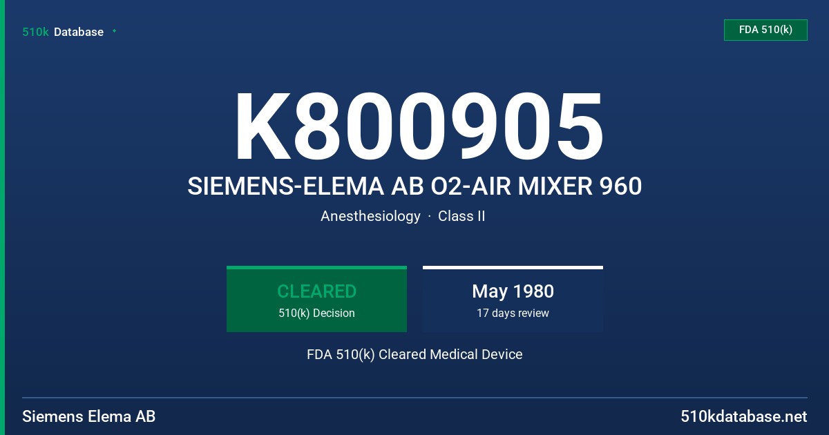K800905 SIEMENS-ELEMA AB O2-AIR MIXER 960 FDA 510(k) Cleared Medical Device