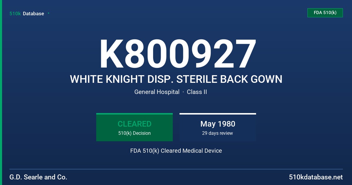 K800927 WHITE KNIGHT DISP. STERILE BACK GOWN FDA 510(k) Cleared Medical Device