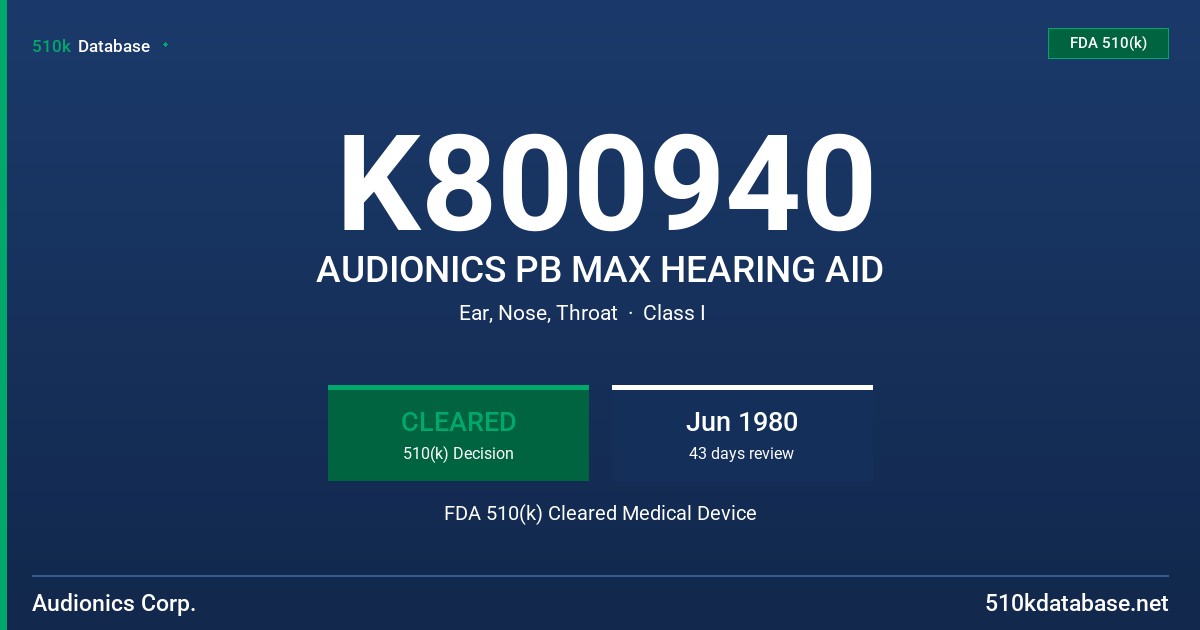 K800940 AUDIONICS PB MAX HEARING AID FDA 510(k) Cleared Medical Device