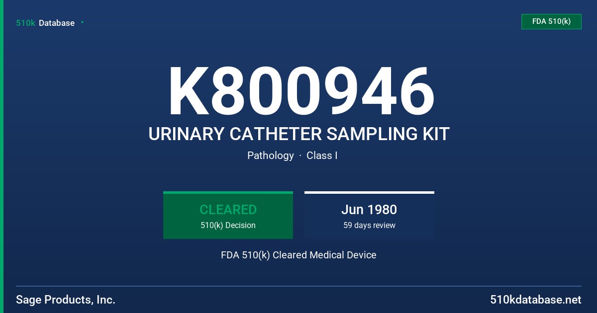 K800946 URINARY CATHETER SAMPLING KIT FDA 510(k) Cleared Medical Device