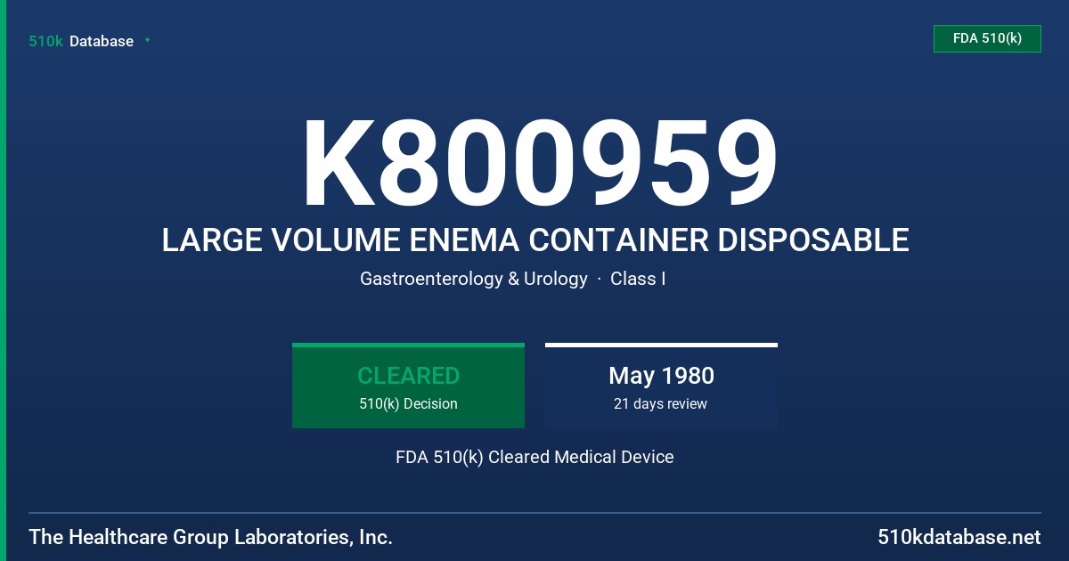 K800959 LARGE VOLUME ENEMA CONTAINER DISPOSABLE FDA 510(k) Cleared Medical Device
