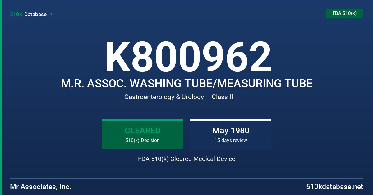 K800962 M.R. ASSOC. WASHING TUBE/MEASURING TUBE FDA 510(k) Cleared Medical Device