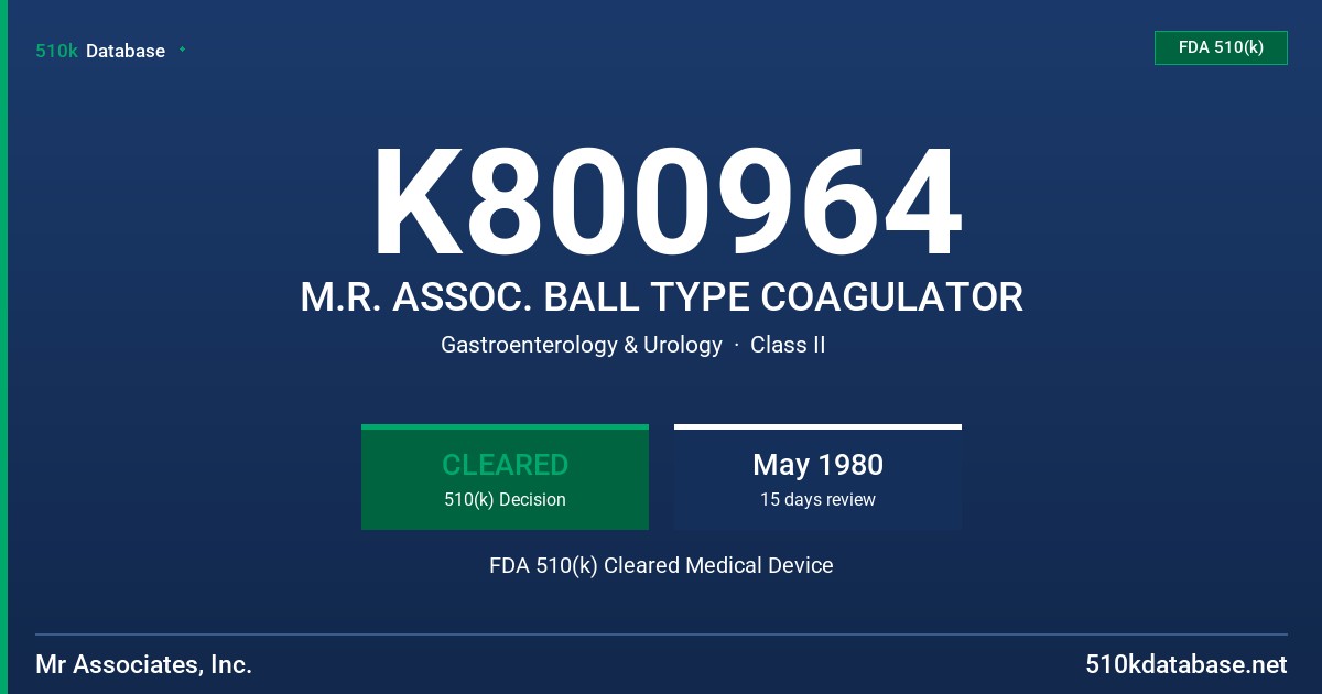 K800964 M.R. ASSOC. BALL TYPE COAGULATOR FDA 510(k) Cleared Medical Device