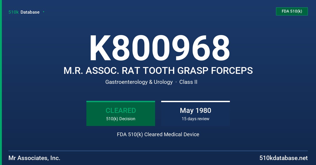 K800968 M.R. ASSOC. RAT TOOTH GRASP FORCEPS FDA 510(k) Cleared Medical Device